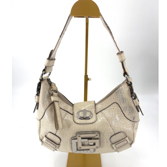 GUESS Cream Croc Embossed Patent Leather Hobo Shoulder Bag Silver Hardwareko